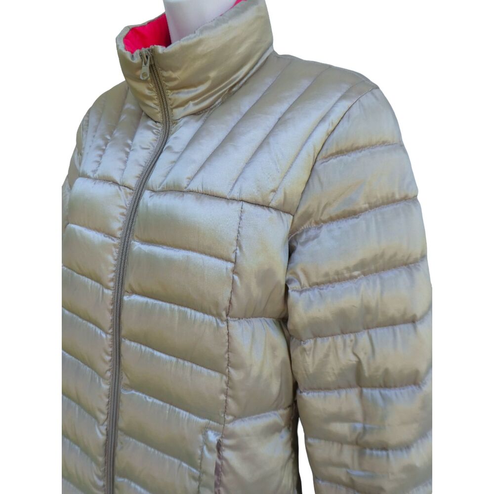 GooSe Down Bernardo Metallic Silver Quilted Puffy Jacket Full Zip Stand Up Collr
